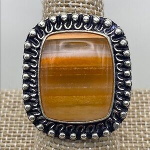New Orange Sardonyx Striped Agate Stone Silver Overlay Ring Size 8.25 - 8.5